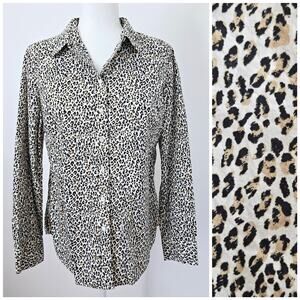 Talbots Shirt Women M Leopard Print Cotton Button Up Classic Bold Career Casual